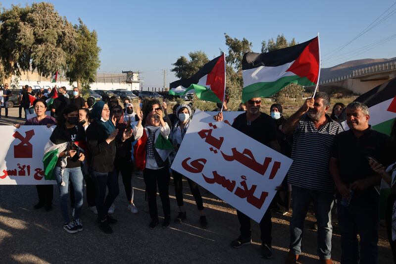 Palestinians gather outside Gilboa prison in northern Israel to express their support for six Palestinian prisoners who staged a dramatic escape. All six have now been rearrested.