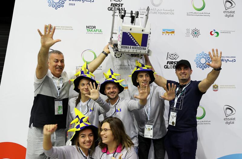 DUBAI , UNITED ARAB EMIRATES , October 26 – 2019 :-  Team member of Bosnia & Herzegovina after their competition score at the First Global Challenge robotics competition held at Festival Arena in Dubai.  ( Pawan Singh / The National ) For News. Story by Patrick