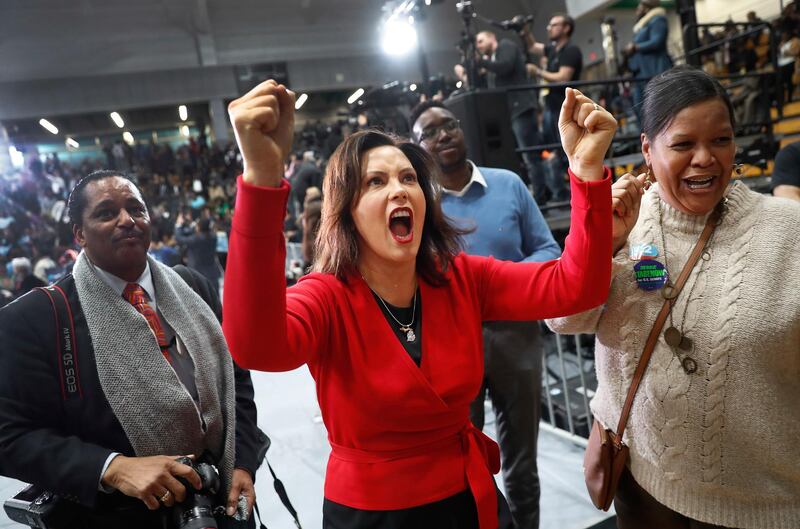 Gretchen Whitmer, Democratic gubernatorial candidate, cheers before a rally in Detroit. As the midterm election approaches, GOP leaders are bracing for the worst as Democrats appear poised to win the governor’s office and other statewide posts and to make gains in the Legislature. AP Photo