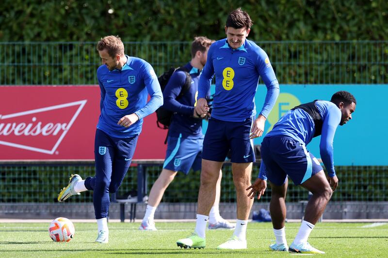 England's Harry Kane of England and Harry Maguire during training. Getty