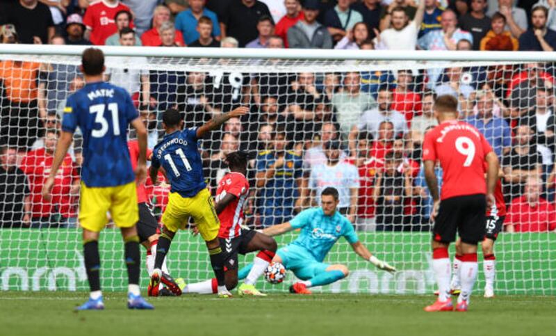 SOUTHAMPTON RATINGS: Alex McCarthy - 6: Saved Maguire header on brink of half-time and did well not to spill with Pogba waiting to pounce. Will not be happy that Greenwood’s strike for equaliser went through his legs. Good stop from Fernandes header. Getty