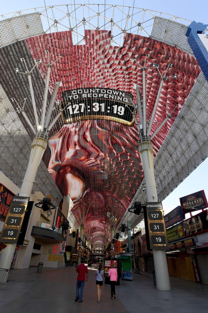 The Fremont Street Experience Viva Vision canopy attraction displays a countdown leading up to the June 4 reopening of hotel-casinos, which have been closed since March 17, in Las Vegas, Nevada. Getty Images