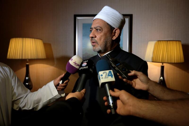 Egypt’s grand imam, Dr Ahmed Al Tayeb, sheikh of Al Azhar, talks to journalists at a news conference announcing the formation of the Muslim Council of Elders at the Ritz Carlton Hotel in Abu Dhabi. Christopher Pike / The National