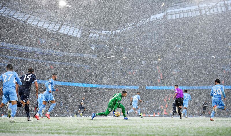 Manchester City goalkeeper Ederson rolls the ball out. AFP
