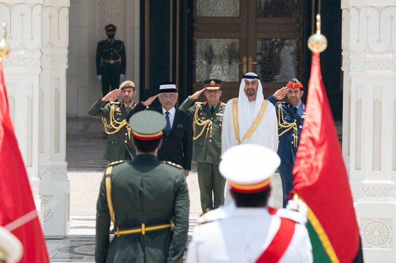 Sheikh Mohamed bin Zayed, Crown Prince of Abu Dhabi and Deputy Supreme Commander of the Armed Forces, receives the King of Malaysia, Sultan Abdullah Sultan Ahmad Shah, at an official reception ceremony at Al Watan Palace. Courtesy Sheikh Mohamed bin Zayed Twitter