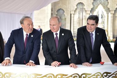 President of Kazakhstan Nursultan Nazarbayev, who resigned on Tuesday, with  President of Russia Vladimir Putin and President of Turkmenistan Gurbanguly Berdimuhamedow. EPA