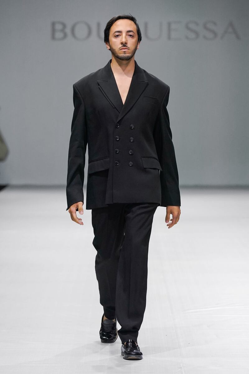 A sharply tailored suit by Bouguessa, at Arab Fashion Week.