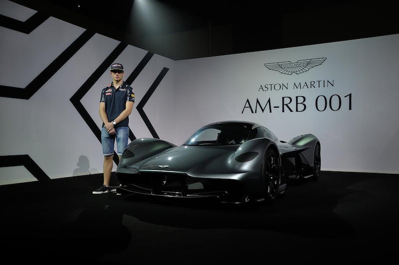 The teenage Red Bull Racing F1 pilot Max Verstappen alongside the AM-RB 001 hypercar, a collaboration between Aston Martin and Verstappen's F1 team, as it makes its Middle East debut in Abu Dhabi. Courtesy Red Bull Racing