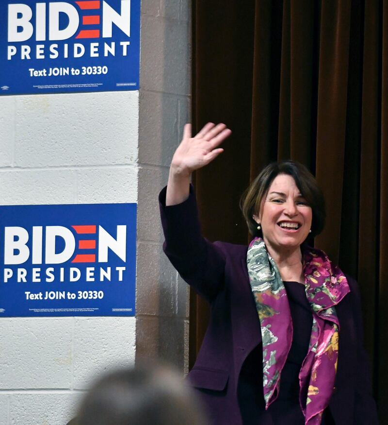 Senator Amy Klobuchar, who dropped out of the race to be a Democratic candidate, campaigns for Joe Biden at a Women for Biden event in Southfield, Michigan on March 6, 2020. AP