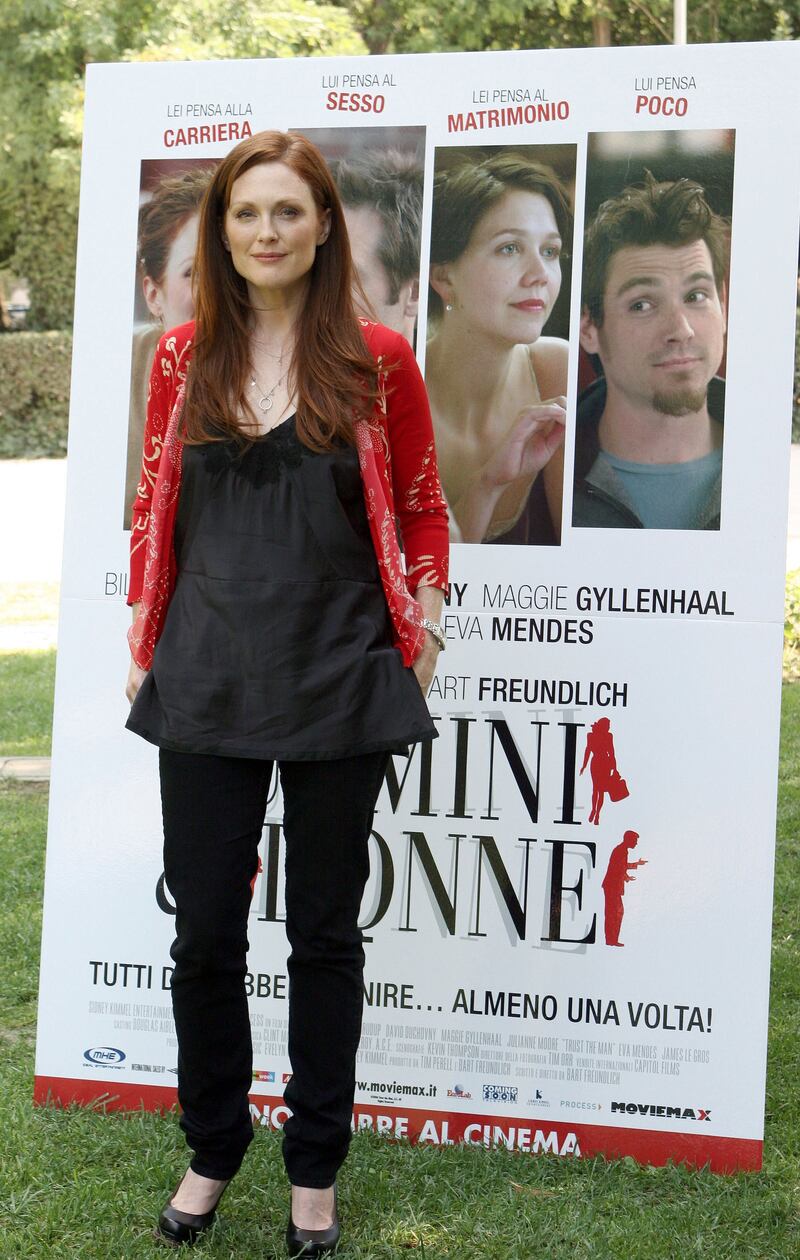 Julianne Moore, in a black tunic top and printed cardigan, promotes 'Trust the Man' at the Casa del Cinema in the Villa Borghese on September 12, 2006 in Rome, Italy. Getty Images