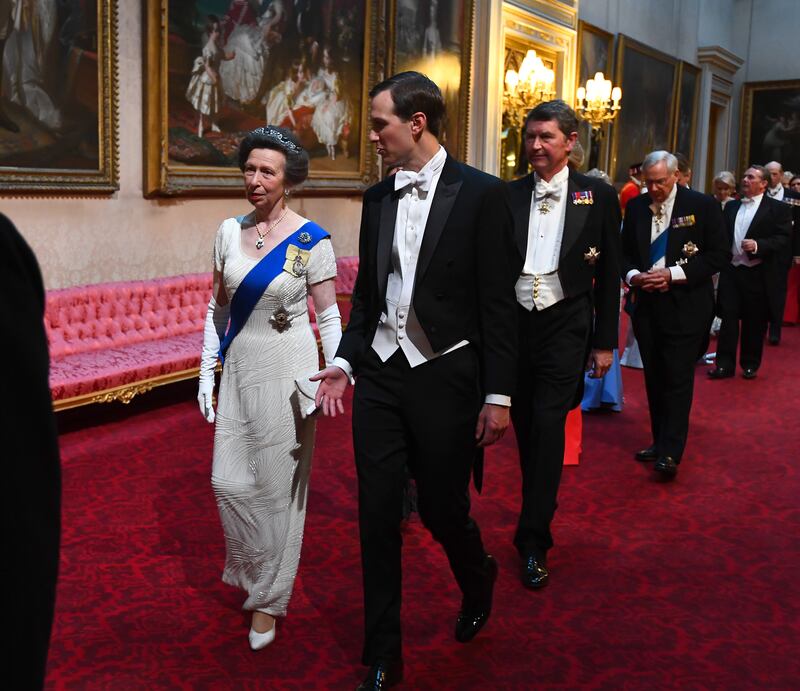 Princess Anne and Jared Kushner arrive for a State Banquet at Buckingham Palace in 2019 during US President Donald Trump's state visit.