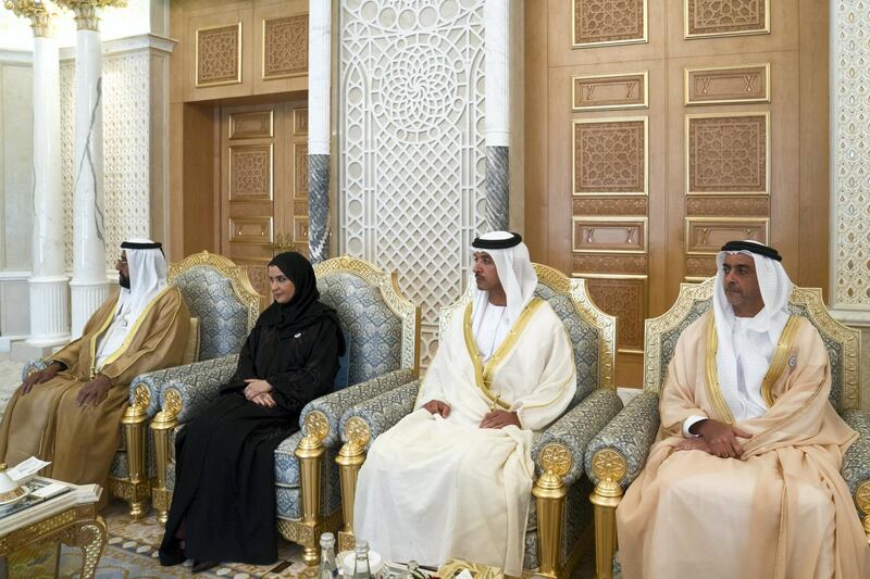 ABU DHABI, UNITED ARAB EMIRATES - November 12, 2018: (R-L) HH Lt General Sheikh Saif bin Zayed Al Nahyan, UAE Deputy Prime Minister and Minister of Interior, HH Sheikh Hazza bin Zayed Al Nahyan, Vice Chairman of the Abu Dhabi Executive Council, HE Dr Amal Abdullah Al Qubaisi, Speaker of the Federal National Council (FNC) and HH Sheikh Tahnoon bin Mohamed Al Nahyan, Ruler's Representative in Al Ain Region, attend a meeting with HE Dr Barham Salih, President of Iraq (not shown), at the Presidential Palace.

( Mohamed Al Hammadi / Ministry of Presidential Affairs )
---