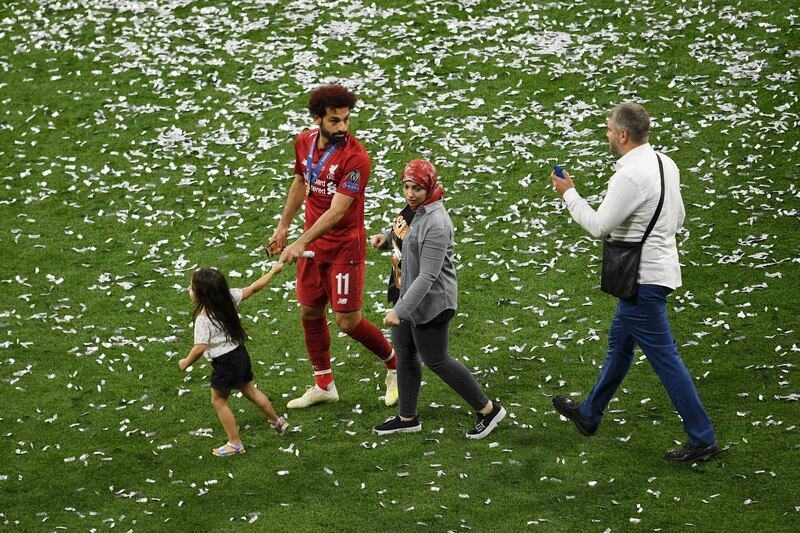 Mohamed Salah of Liverpool celebrates with his family. Getty Images