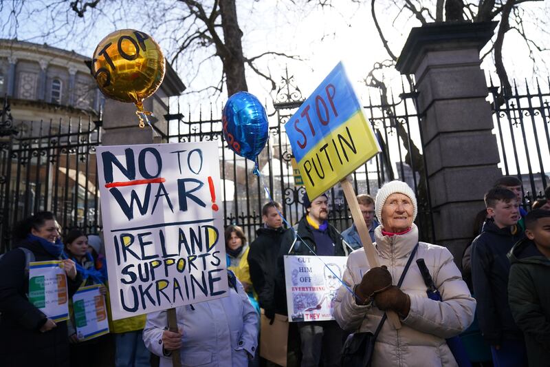 Patsy Sheehan, from Limerick, protests outside Leinster House, Dublin against Vladimir Putin's invasion of Ukraine. PA