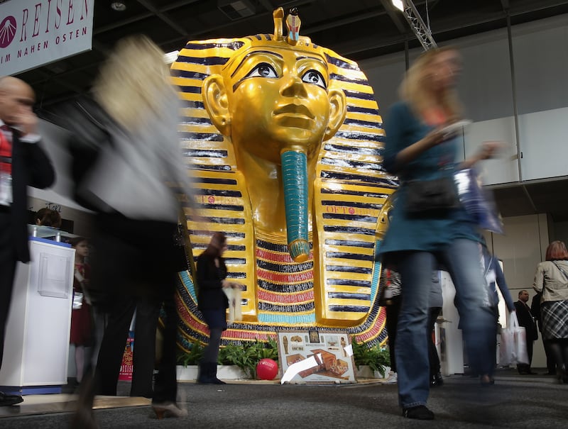 A giant Tutankhamun mask at a tourism trade fair in Berlin in 2011.