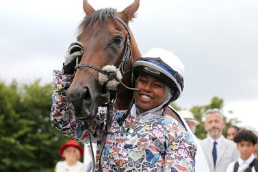 Khadijah Mellah after winning the Magnolia Cup on Haverland during day three of the Goodwood Festival. PA