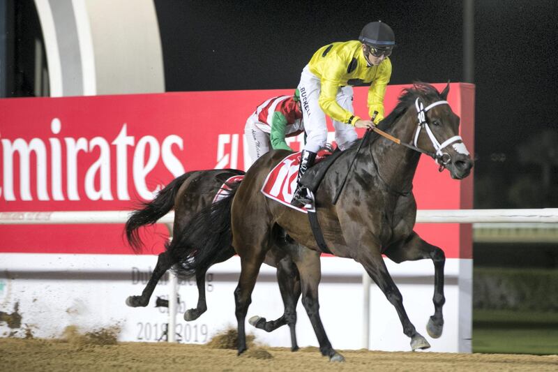 DUBAI, UNITED ARAB EMIRATES - NOVEMBER 1, 2018. 

Jockey George Buckell on Syncopation (IRE), wins the Emirates Skywards Handicap 1600M dirt race at Meydan Racecourse for the First Race Meeting.

(Photo by Reem Mohammed/The National)

Reporter:
Section:  SP