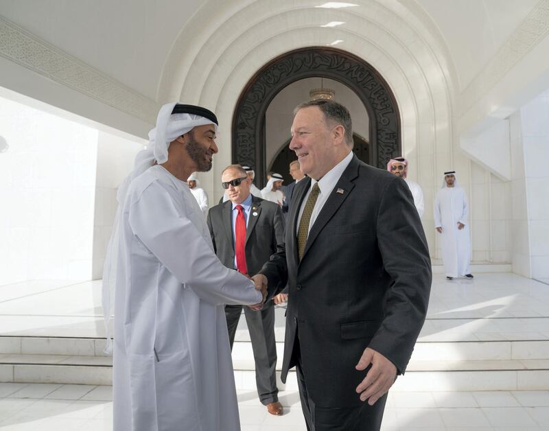 ABU DHABI, UNITED ARAB EMIRATES - September 19, 2019: HH Sheikh Mohamed bin Zayed Al Nahyan, Crown Prince of Abu Dhabi and Deputy Supreme Commander of the UAE Armed Forces (L), bids farewell to Michael R Pompeo, Secretary of State of the United States of America (R), after a meeting at the Sea Palace


( Mohamed Al Hammadi / Ministry of Presidential Affairs )
---