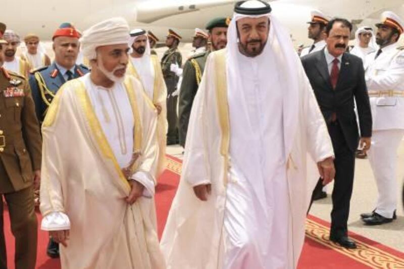 Picture shows: Sultan Qaboos bin Said, the ruler of Oman (left), arriving in the UAE Monday July 11th 2011 for a two-day visit at Al Ain International Airport where he was greeted by Sheikh Khalifa bin Zayed, President of the UAE, Sheikh Mohammed bin Rashid, Prime Minister of the UAE and Ruler of Dubai and Sheikh Mohammed bin Zayed, the Crown Prince of Abu Dhabi and Deputy Supreme Commander of the Armed Forces.

Credit: WAM *** Local Caption ***  c38bf506-4919-47e4-a0c6-372967bebeac.jpg