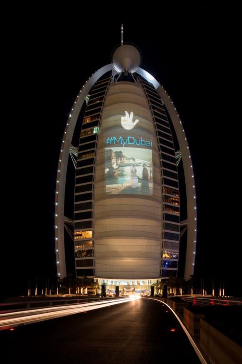 This Instagram image by @mustafa_abbas, projected on to the Burj Al Arab hotel, formed part of the #MyDubai campaign. Courtesy Dubai Tourism