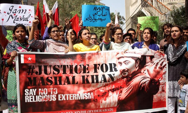 Protesters supporting Mashal Khan, a university student who was brutally killed by a mob of students for alleged blasphemy in Abdul Wali Khan University, during a protest in Hyderabad, Pakistan, 16 April 2017. Nadeem Khawer/EPA