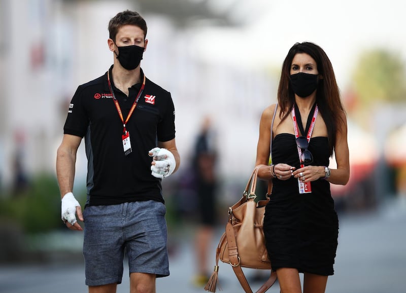 Romain Grosjean with wife Marion at the Bahrain International Circuit. Getty