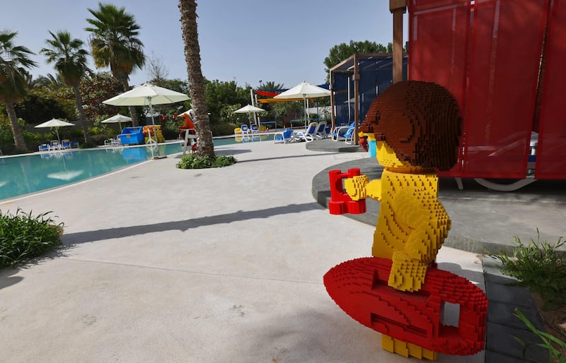 A lifeguard Lego model overlooks the swimming pool at Legoland Hotel in Dubai. Giuseppe Cacace  /  AFP