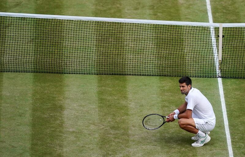 Novak Djokovic after defeating Roger Federer at the 2019 Wimbledon Championships. EPA