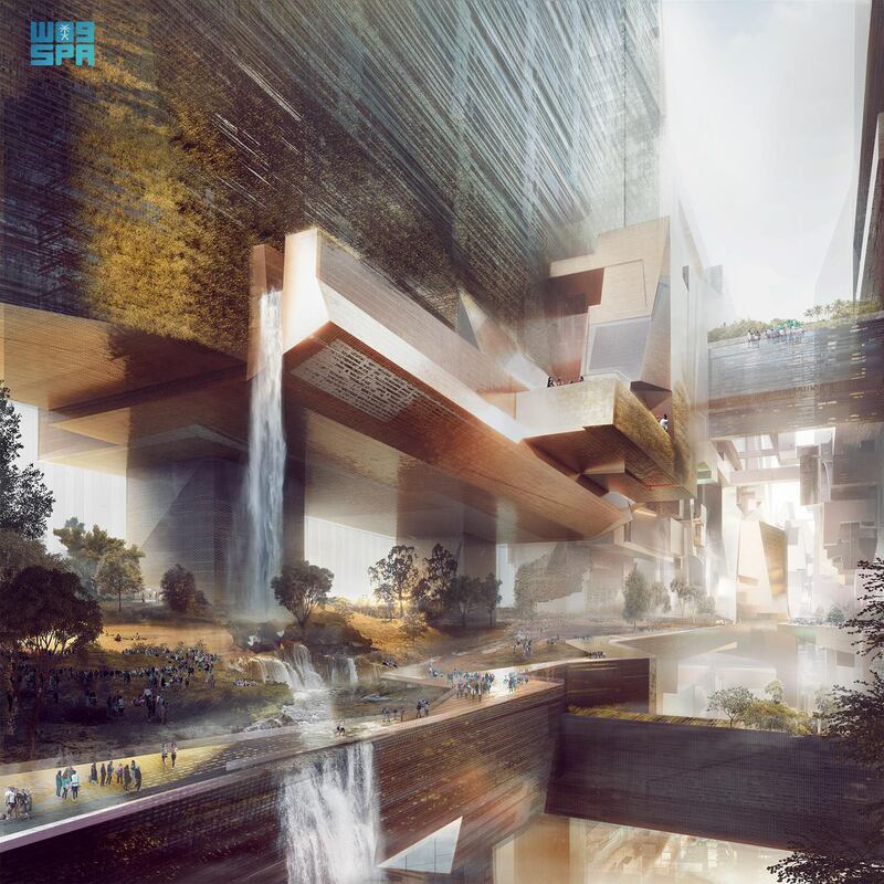 A rendering shows man-made waterfalls inside The Line. Photo: Spa