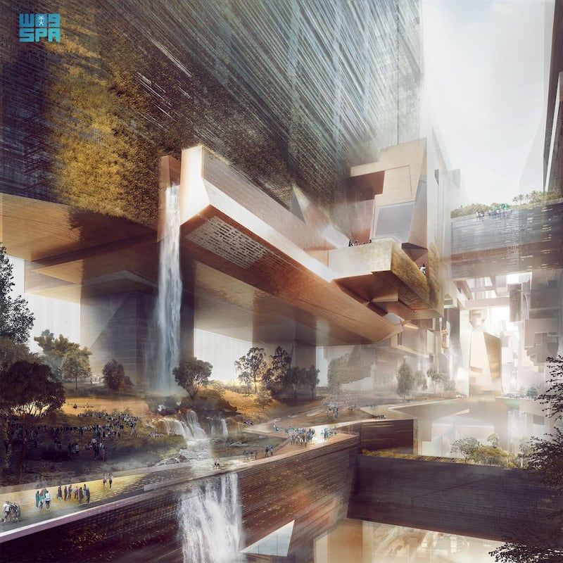 A rendering shows man-made waterfalls inside The Line. Photo: Spa