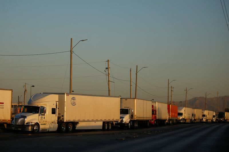 Lorries wait in a long queue to cross into the US, after the Department of Public Safety announced increased security checks at the international ports of entry into Texas. Reuters