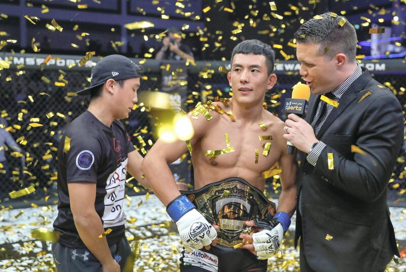 Abu Dhabi, United Arab Emirates, October 18, 2019.  UAE Warriors Fighting Championship at the Mubadala Arena.  The new featherweight champion, Koran Lee Do-gyeom from South Korea.
Victor Besa/The National
Section:  SP
Reporter:  Amith Passela