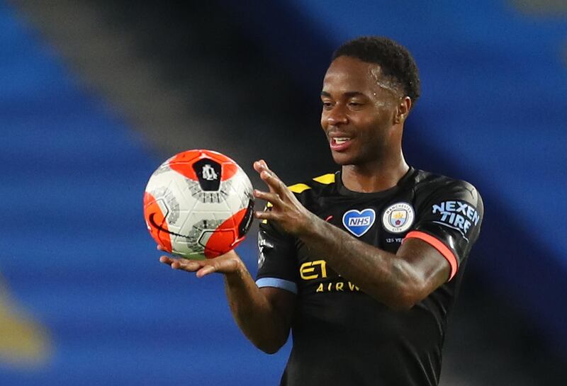 Raheem Sterling with the matchball after scoring a hat-trick against Brighton.  Reuters