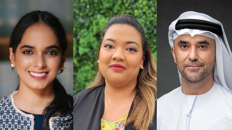 From left, Emirati author Dubai Abulhoul, poet Afra Atiq, and author and diplomat Omar Saif Ghobash will appear at the 2022 London Book Fair. Photo: Sharjah Book Authority