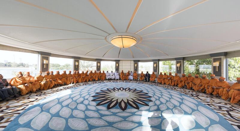 Sheikh Nahyan welcomes Mahant Swami Maharaj, Dr. BR Shetty and 50 BAPS sadhus in his royal Majlis.