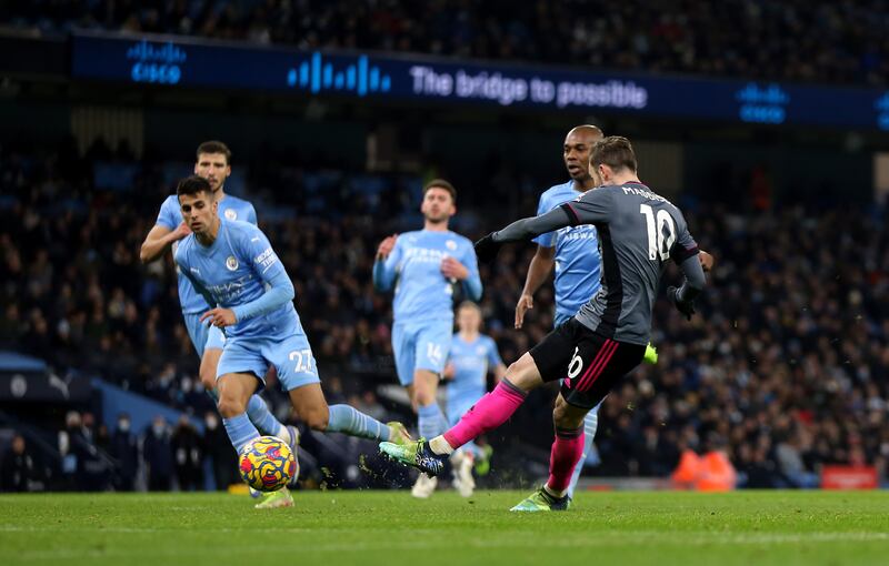 James Maddison scores their Leicester City's first goal. PA