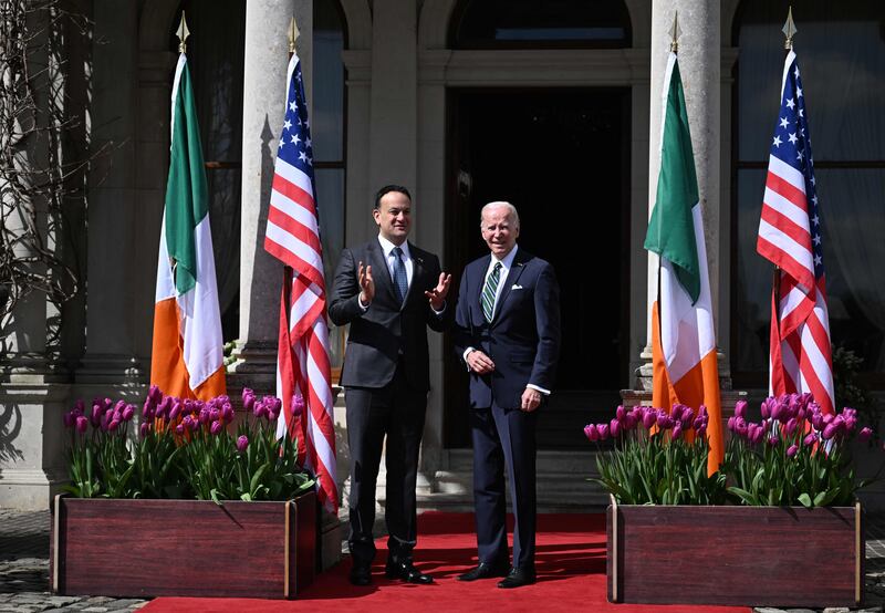 US President Joe Biden is welcomed by Ireland's Taoiseach Leo Varadkar at Farmleigh House in Dublin. AFP