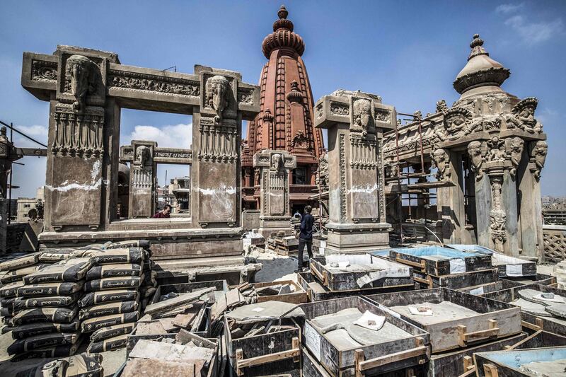 Restoration works ongoing at the historic "Le Palais Hindou" (also known as the "Baron Empain Palace") built by in the early 20th century by Belgian industrialist Edouard Louis Joseph, Baron Empain, in the classical Khmer architectural style of Cambodia's Angkor Wat, in the Egyptian capital Cairo's northeastern Heliopolis district. AFP