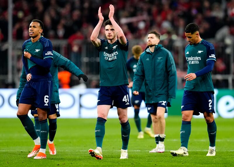 Declan Rice applauds the fans after Arsenal's defeat to Bayern Munich. PA