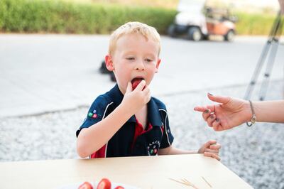 DUBAI, UNITED ARAB EMIRATES - SEPTEMBER 17, 2018. 

A boy eats a strawberry grown in Agricool's container in Sustainable City.

Agricool is a french start-up that grows fruits and vegetables inside shipping containers, where they grow without pesticide, minimum water and nutrition intake, no GMOs, and are harvested the day you will purchase. 

(Photo by Reem Mohammed/The National)

Reporter: LIZ COOKMAN
Section: NA