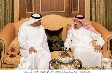 Sheikh Mohamed bin Zayed Al Nahyan, Crown Prince of Abu Dhabi and Deputy Supreme Commander of the UAE Armed Forces, meets with King Salman at Irqah Palace. WAM