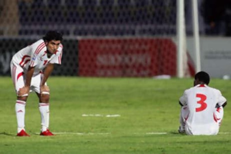 Mohammed Ebrahim looks dejected after losing to Iran in June. Bruno Metsu's replacement as head coach will have to instil belief into his side after defeats to North Korea and Saudi Arabia.