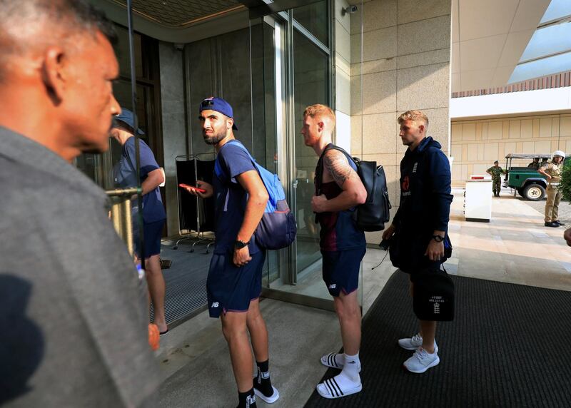 Joe Root, vice-captain Ben Stokes and Saqib Mahmood arrive at the hotel. Reuters