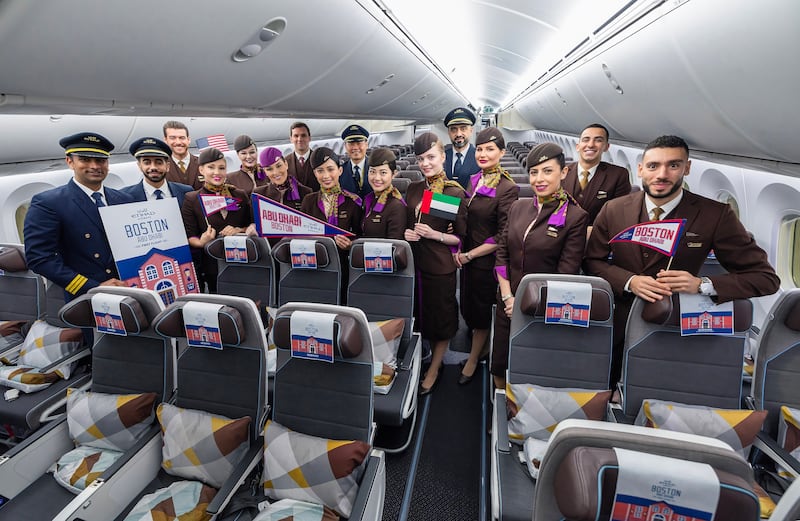 Four pilots and 12 cabin crew were onboard the launch flight from Abu Dhabi to Logan International Airport. Photo: Etihad Airways