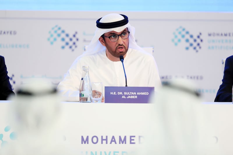 Abu Dhabi, United Arab Emirates - October 16, 2019: Dr Sultan Ahmed Al Jaber. The launch of Mohamed bin Zayed University of Artificial intelligence. Wednesday the 16th of October 2019. Masdar City, Abu Dhabi. Chris Whiteoak / The National