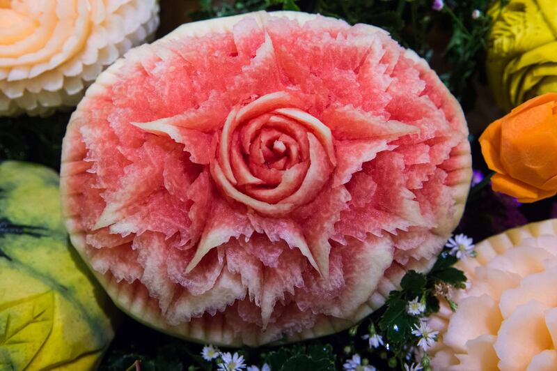 A carved watermelon is displayed during a fruit and vegetable carving competition in Bangko. Robert Schmidt / AFP