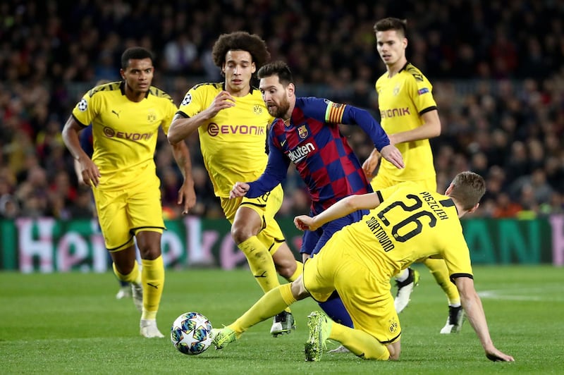 Barcelona's Lionel Messi on the attack against Borussia Dortmund during the Champions League match in Spain. AP
