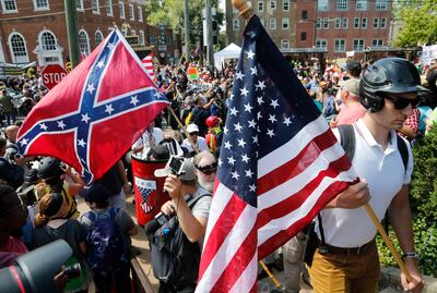 White nationalist demonstrators in Lee park in Charlottesville, Virginia. AP