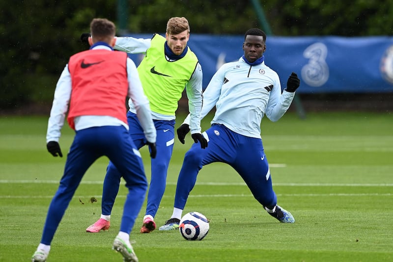 COBHAM, ENGLAND - MAY 21:  Timo Werner and Kurt Zouma of Chelsea during a training session at Chelsea Training Ground on May 21, 2021 in Cobham, England. (Photo by Darren Walsh/Chelsea FC via Getty Images)