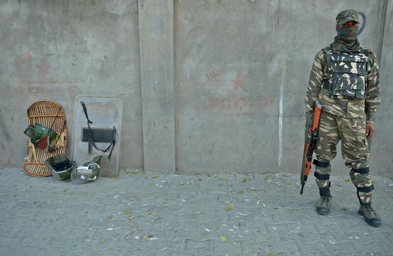 A paramilitary trooper looks on in Srinagar. Tauseef Mustafa / AFP